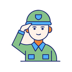 Illustration of a soldier saluting, , wearing a green uniform and helmet in a cartoon style
