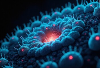 Obraz premium Microscopic Visualization of Viral Particles Interacting with Host Cells in a Vibrant Blue and Red Color Palette