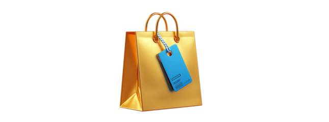 3d golden shopping bag with blue handle and big training alexis render icon, png transparent background, clipart in the style of yellow .