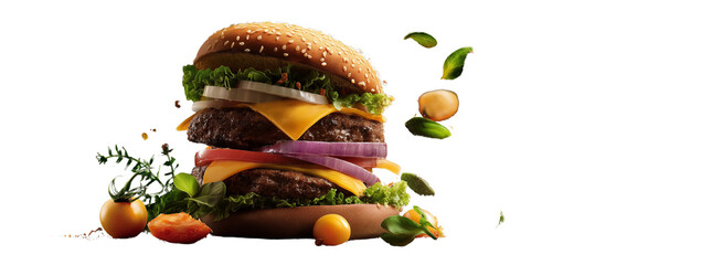  a cheeseburger with an abundance of delicious ingredients, the contents spilling into the air, against a dark background, in the style of a realistic photographic style. 