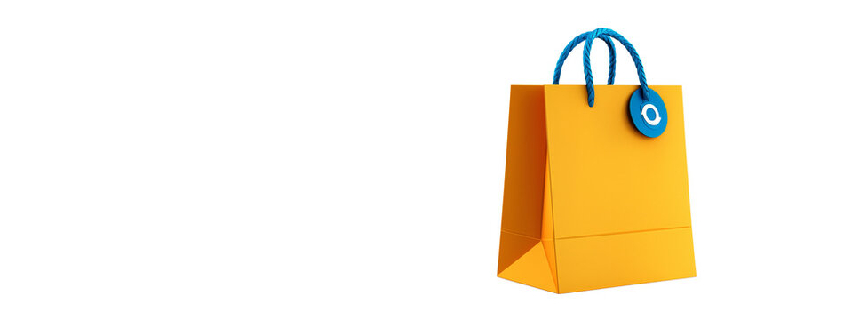3d golden shopping bag with blue handle and big training alexis render icon, png transparent background, clipart in the style of yellow .