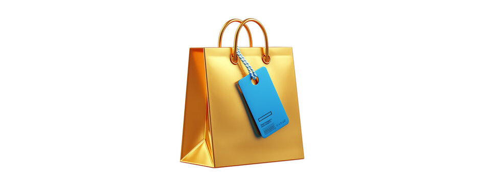 3d golden shopping bag with blue handle and big training alexis render icon, png transparent background, clipart in the style of yellow .