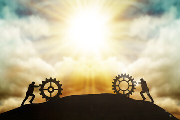 3d illustration of sunset silhouette gears teamwork.