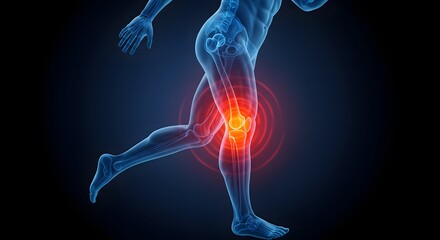 Runner's knee joint pain and inflammation. Sports injury and arthritis medical concept. 3D X-ray illustration showing a painful knee while running.