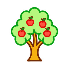 Illustration of an apple tree with red apples, representing nature, harvest, and healthy eating