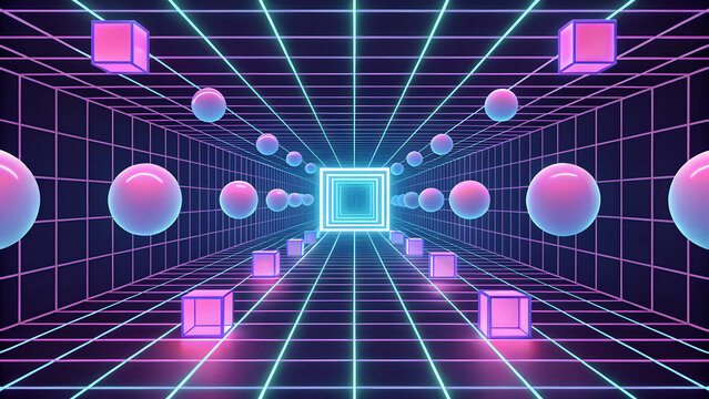 Neon grid tunnel with floating spheres and cubes