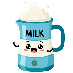 Cute smiling happy jar with milk. Design element perfect for cafe menu, coffee shop patches. Isolated on white background. Milk character concept