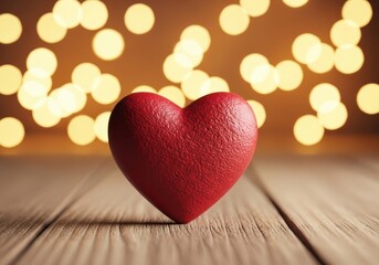 Red heart on wooden surface with bokeh lights background