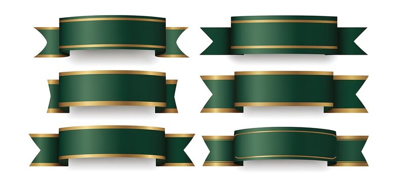 Collection of six luxurious dark green ribbons with elegant golden edges for design use