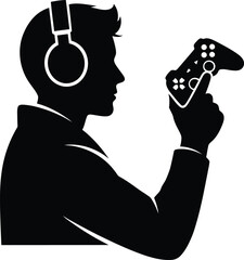 Silhouette of a gamer with headphones and controller, enjoying video games as a fun and competitive online entertainment activity