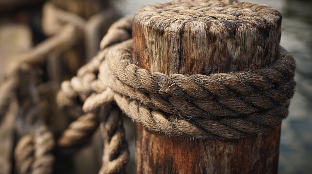 Weathered wooden post with rope tied at a dock by the water during daytime