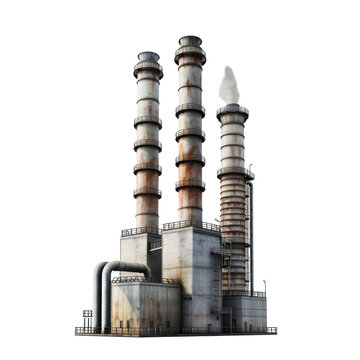 Industrial plant with three tall, rusty chimneys