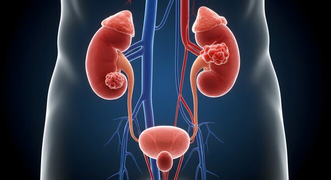 Bilateral kidney cancer in the human urinary system. Oncology and nephrology concept. 3D illustration of multiple renal tumors affecting both kidneys.