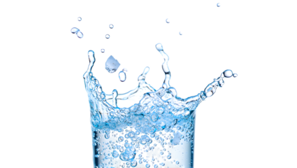 Dynamic water splash frozen in time emerging from a glass isolated on transparent background