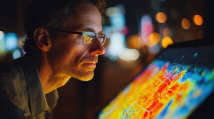 Medium shot of a city technician analyzing heat map layers on a transparent screen bright heat zones prominent cityscape behind softly defocused for depth.