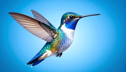 Vibrant hummingbird in flight against a light blue background