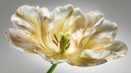 Pale tulip bloom, layered petals with soft yellow highlights, against gray