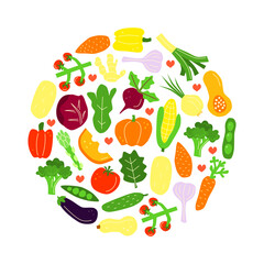 Cute hand drawn flat vegetables composed in circle shape isolated on white background. Colorful vitamin food in modern style. Autumn harvest farm festival. Healthy vegetarian nutrition.