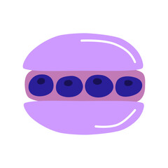 Cute hand drawn flat blueberry macaroon with berries isolated on white background.