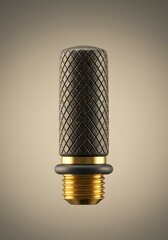 A macro shot of a detailed metal object with textured surface and design elements, highlighting the interplay of light and shadow.