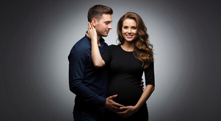 Pregnant couple with woman touching man face in black clothing studio. Maternity session for family announcements and pregnancy milestone documentation
