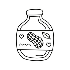 Hand drawn outline peanut butter in closed bottle isolated on white background. Vegan high protein.