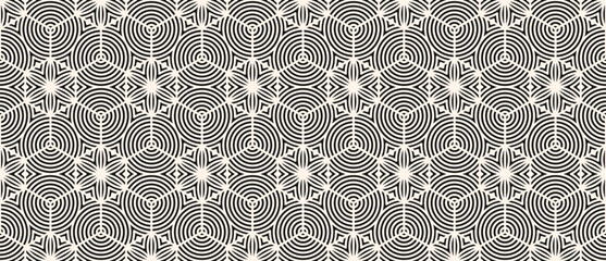 Obraz na płótnie Canvas Vector geometric seamless pattern. Abstract black and white texture with hexagonal grid, curved lines, circles, flower silhouettes, lattice. Floral geo background. Repeating design for decor, fabric