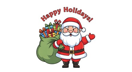 Festive cartoon illustration of Santa Claus with a sack of Christmas presents