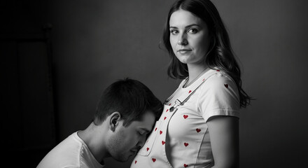 Pregnant couple with man leaning against belly in monochrome portrait. Maternity session for family announcements and pregnancy milestone documentation