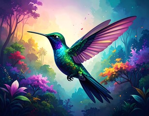 Obraz premium Vibrant hummingbird in flight amidst a colorful, lush rainforest
