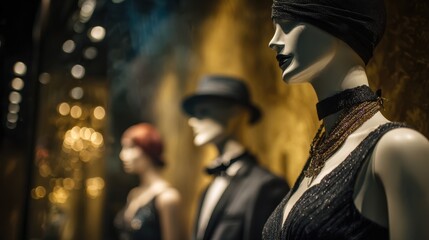 Medium shot highlighting a formal storefront display with elegant mannequins dressed in chic attire crisp lighting drawing attention while the rest softly fades out of focus.