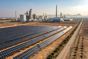 Fototapeta premium Vast solar power plant with rows of photovoltaic panels stretching towards an industrial complex with tall towers under a clear sky, showcasing renewable energy production