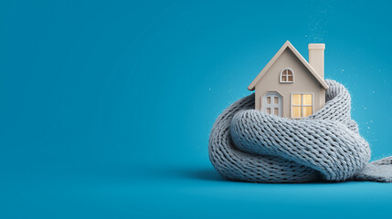 Cozy home wrapped in warm knitted scarf blue background real estate winter energy efficiency housing insulation