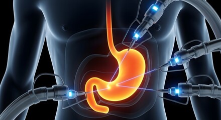 Laparoscopic stomach surgery with robotic arms. Gastroenterology and modern medical technology. 3D illustration of a minimally invasive gastric procedure.