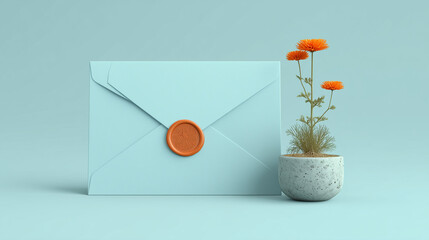 Minimalist stationery render envelope with blank paper and orange wax seal decorative wild flower in pot
