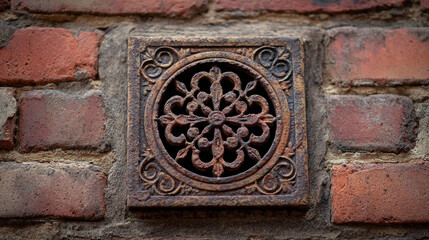 Intricate ironwork design embedded in an aged brick wall