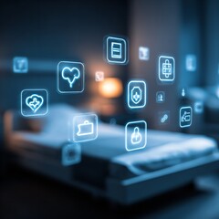 Fototapeta premium Futuristic healthcare concept with glowing icons floating over a hospital bed image.