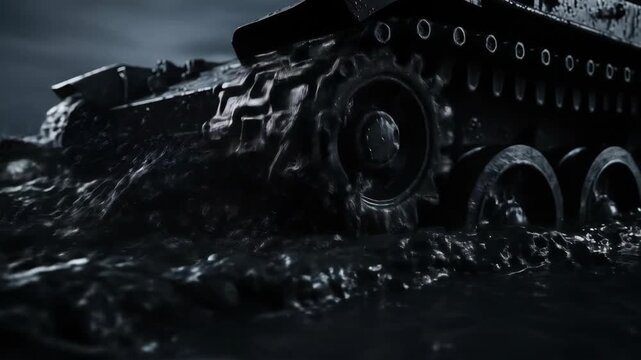 Two tanks moving through deep water, black and white military vehicle background, army power. Tank wheels in motion.