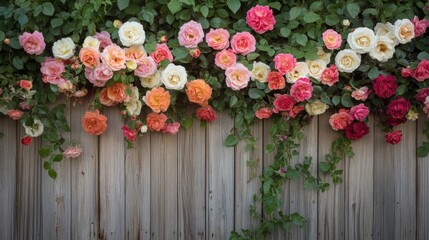 A rustic wooden fence adorned with a vibrant cascade of blooming roses in various shades of pink, orange, and white