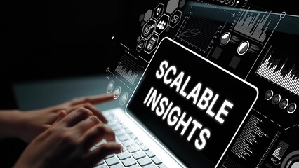 Hands Typing on Laptop with Scalable Insights Displayed Amid Digital Graphics and Data Visualizations. Asymptotic smart data analytic.