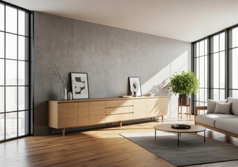 Modern living room with industrial windows and natural light