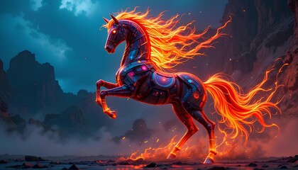 Futuristic Horse with Metallic Body and Neon Circuitry in an Atmospheric Night Landscape