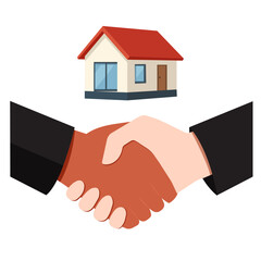 Successful negotiation of a real estate transaction between two individuals with a house in the background