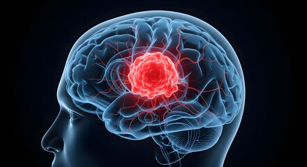 Cancerous tumor in the human brain. Oncology and neurology medical concept. 3D illustration of a malignant growth or brain cancer inside a person's head.