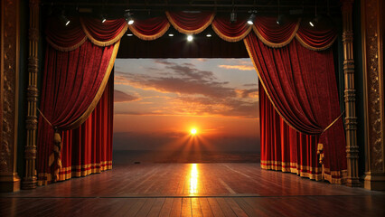 Theater stage with sunset view through open curtains