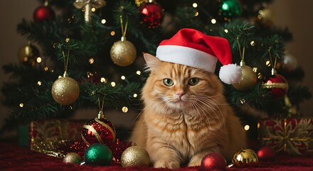 Obraz premium Cute Ginger Cat in Santa Hat by Christmas Tree.