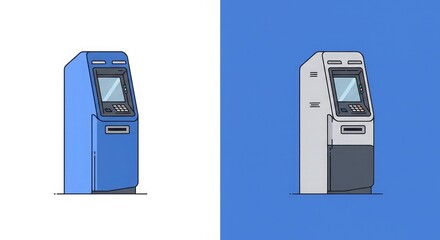 Vector illustration of an automated teller machine (ATM) in two color variations, blue and grey, on contrasting backgrounds.