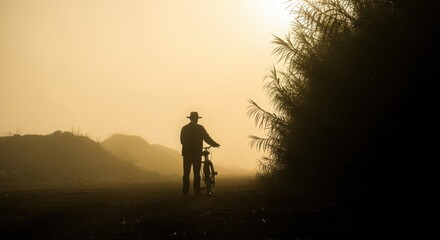 Silhouette of a man with a bicycle standing near tall grass during golden hour light outdoors