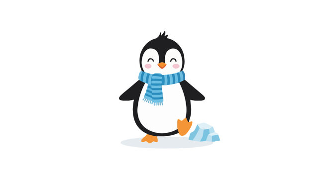 Cute cartoon penguin wearing blue striped scarf and smiling, standing next to ice. Happy animal illustration for World Animal Day and winter.