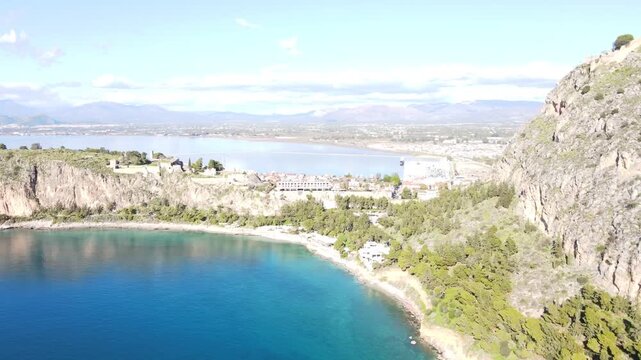Aerial Mediterranean Sea seascape near Paralia Arvantias beach in sunny day winter Nafplio